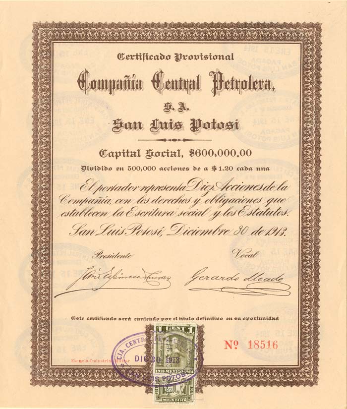 Compania Central Petrolera, S.A. San Luis Potosi - Stock Certificate (Uncanceled)
